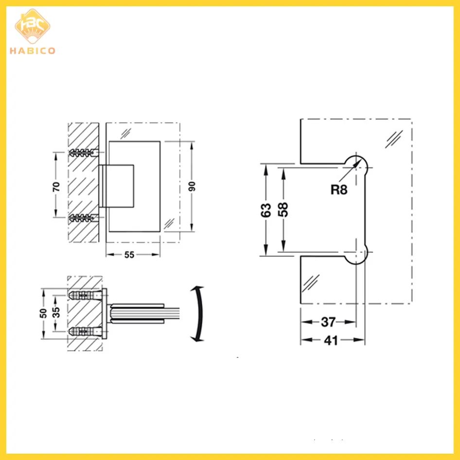 Thông số Bản Lề Cửa Phòng Tắm Kính 90° Hafele 499.05.804