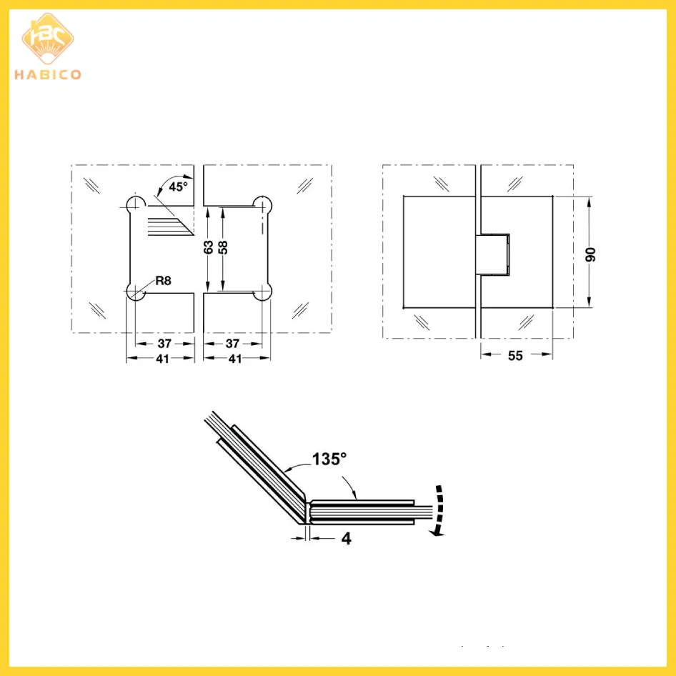 Thông số Bản Lề Kính Kính 135º Hafele 981.00.522
