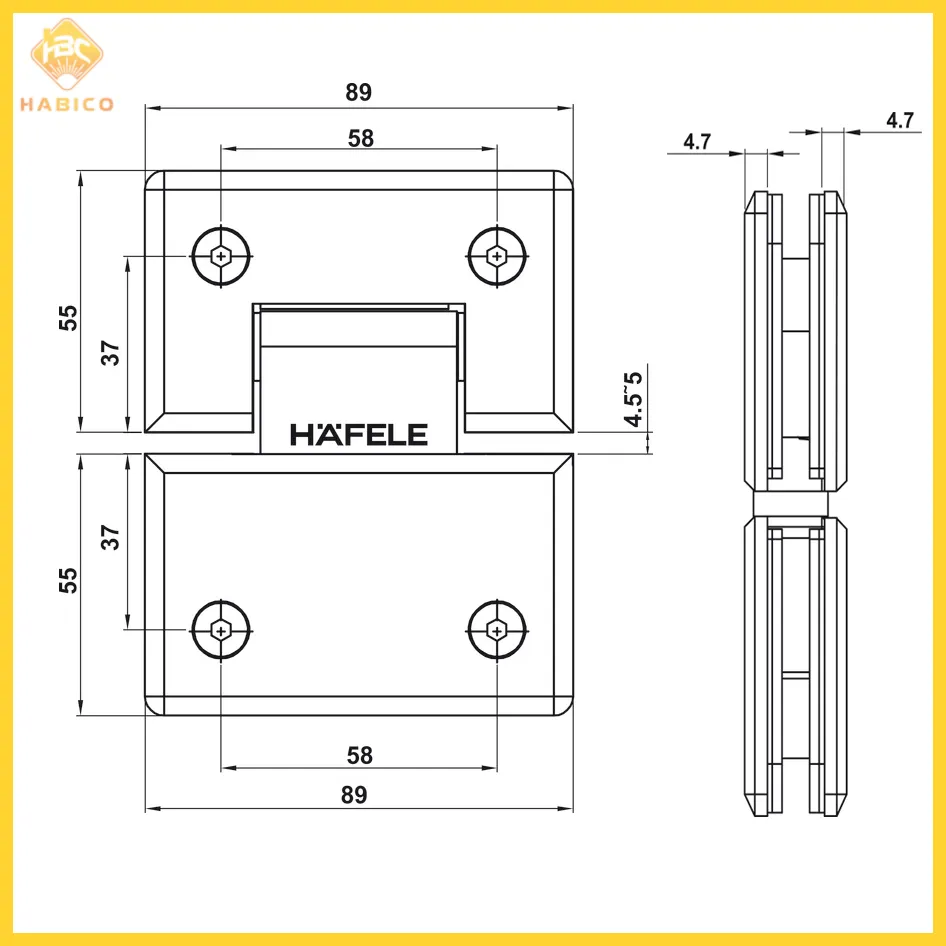 Thông số Bản Lề Kính Kính 180º Hafele 499.05.853