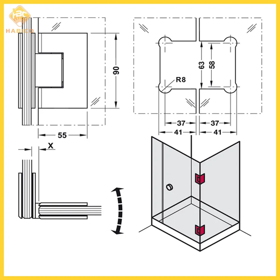 Thông số Bản Lề Phòng Tắm 90º Kính Kính Hafele 499.05.805