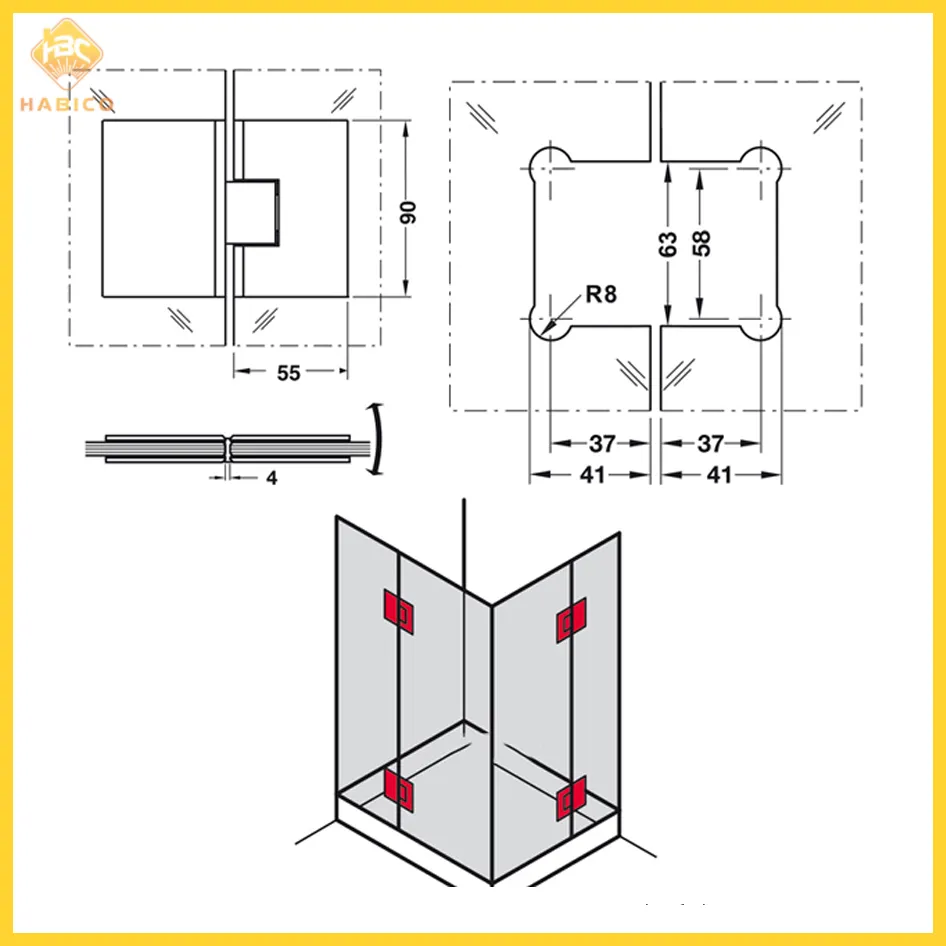 Thông số Bản Lề Phòng Tắm Kính 180º Hafele 499.05.807