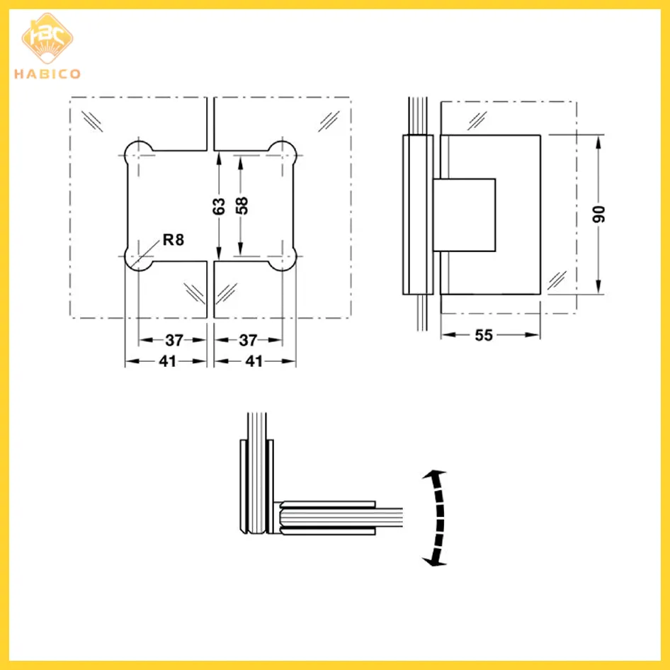 Thông số Bản Lề Phòng Tắm Kính Kính 90º Hafele 981.00.532