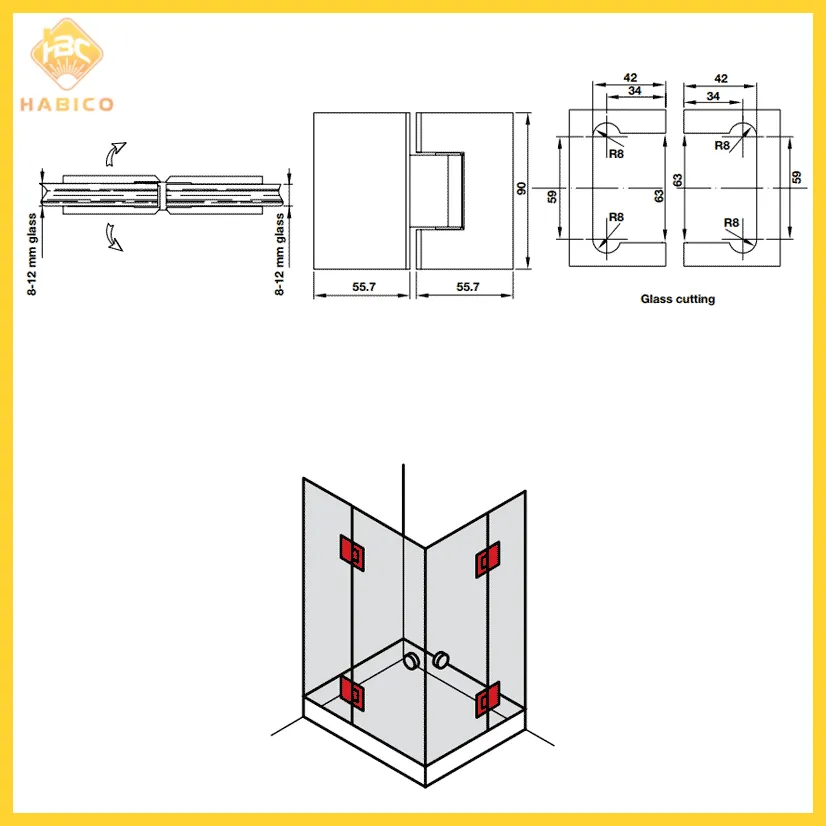 Thông số Bản lề Kính – Kính 180 độ màu Chrome bóng Hafele 981.77.902