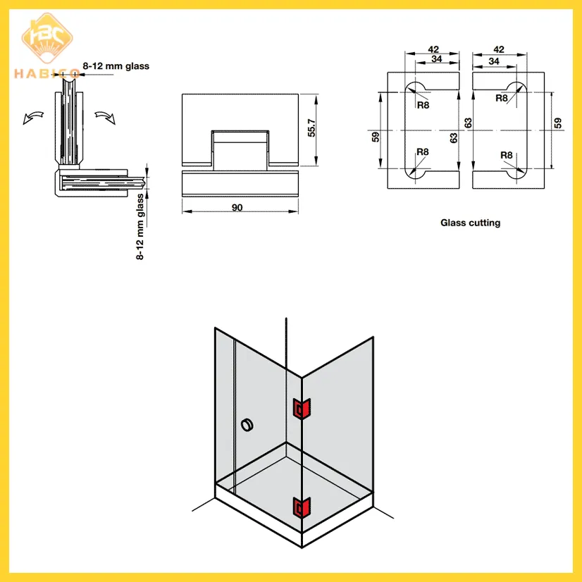 Thông số Bản lề Kính – Kính 90 độ màu đen Hafele 981.77.907