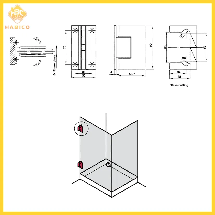 Thông số Bản lề Tường Kính 90 độ màu Chrome bóng Hafele 981.77.900