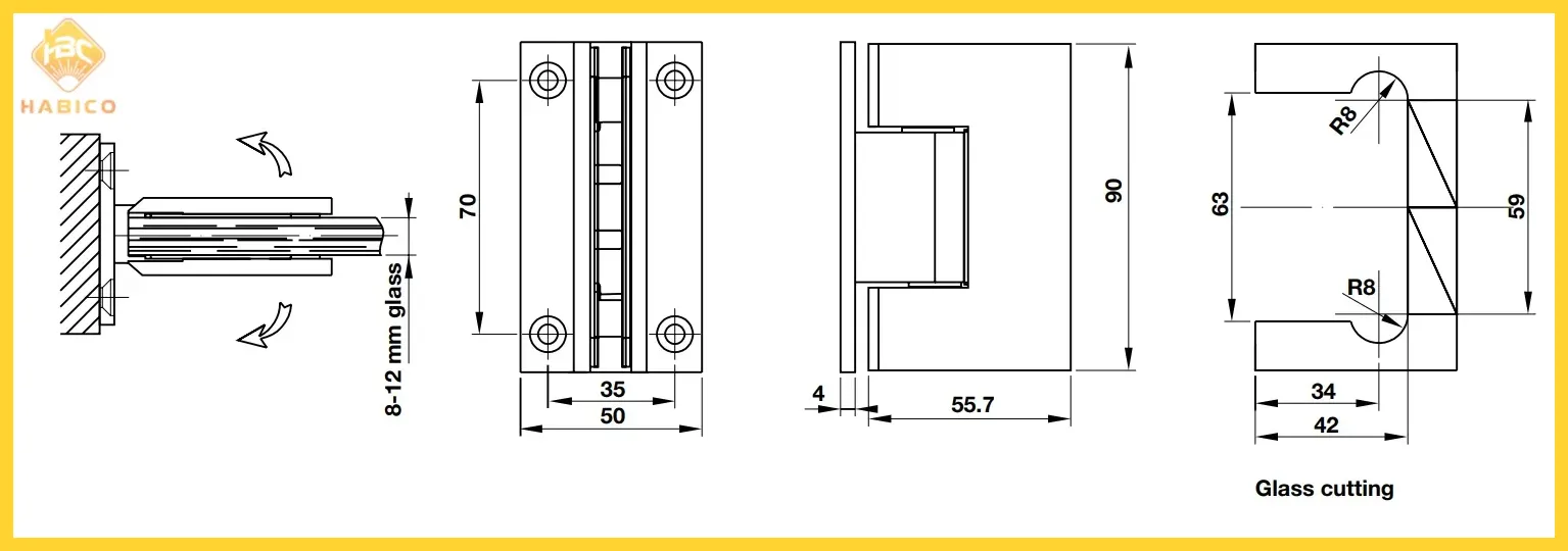 Thông số Bản lề Tường – Kính 90 độ màu đen Hafele 981.77.901