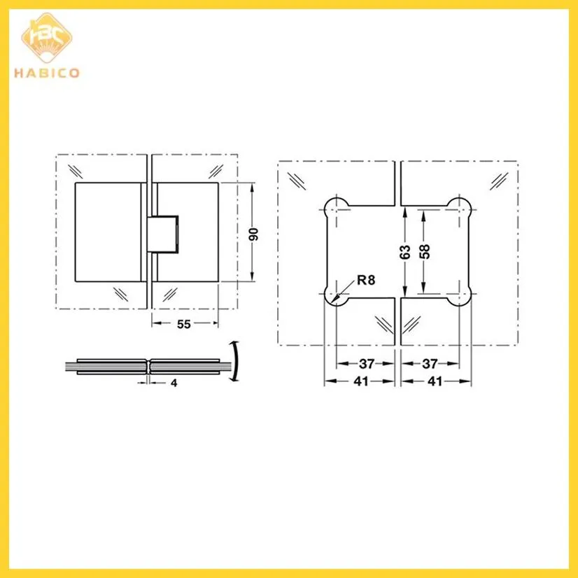 Thông số Bản lề kính kính 180 độ Hafele 981.00.512