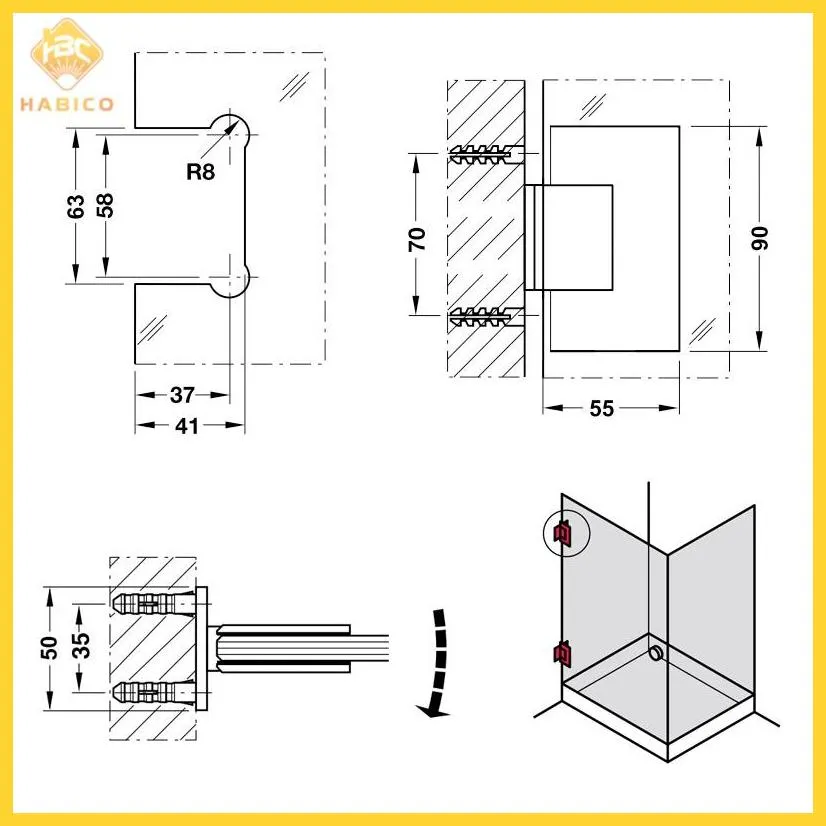 Thông số Bản lề kính – tường 90 độ Hafele 981.00.502