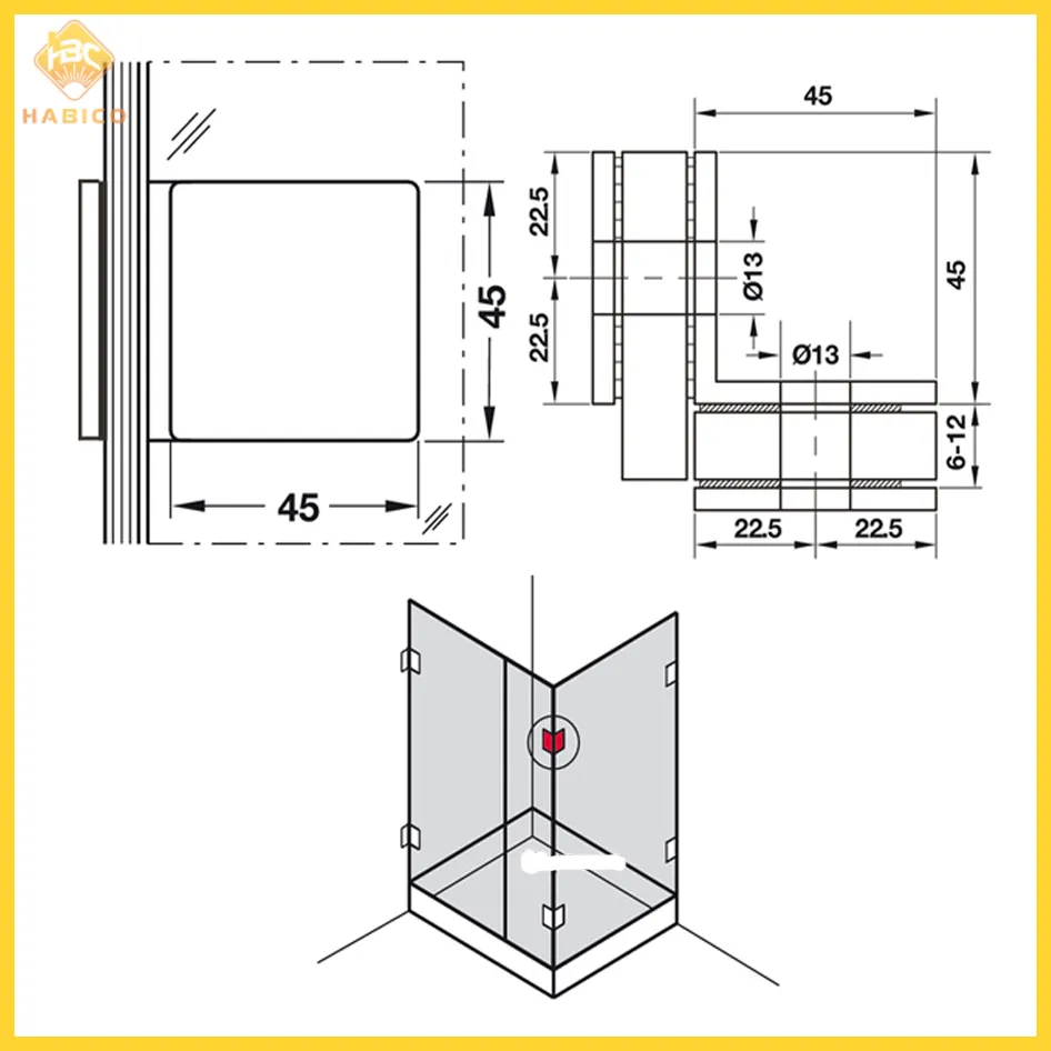 Thông số Kẹp Kính 90º Kính Kính Hafele 499.05.818