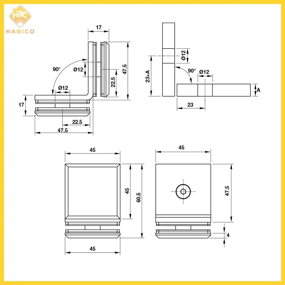 Thông số Kẹp Kính 90º Phòng Tắm Kính Hafele 981.77.916