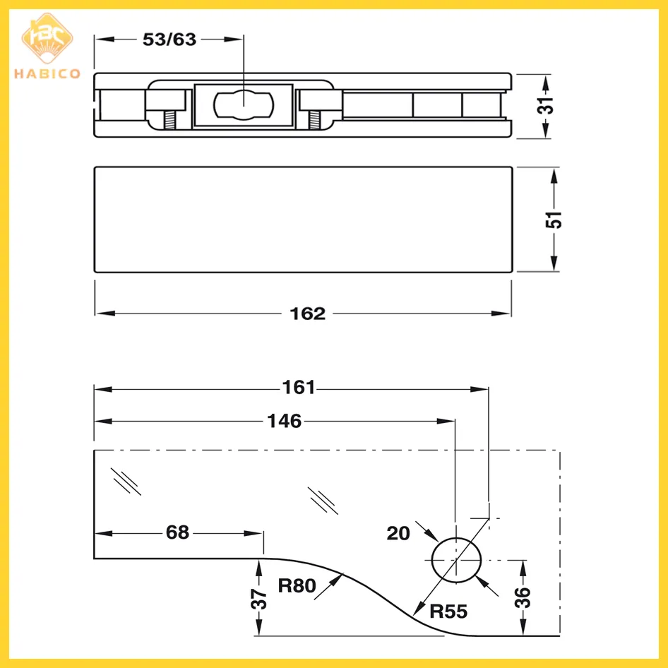 Thông số Kẹp Kính Dưới Inox Mờ Hafele 981.00.000