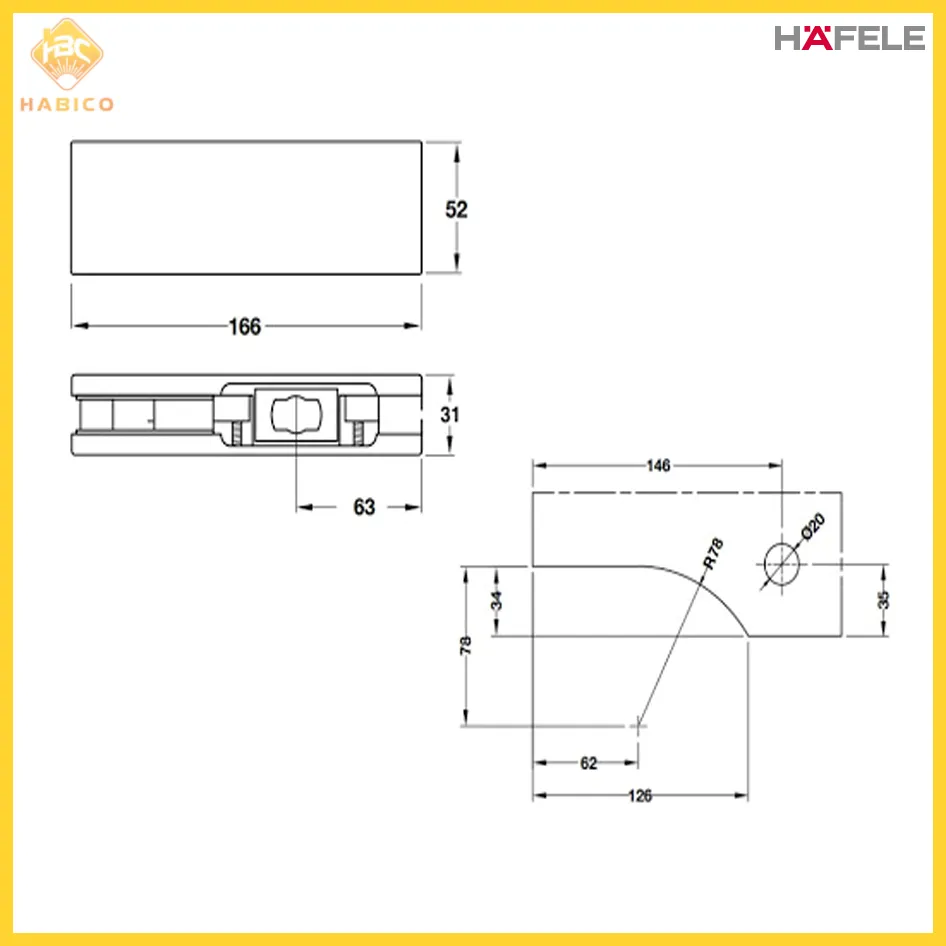Thông số Kẹp Kính Dưới Inox Mờ Hafele 981.50.010