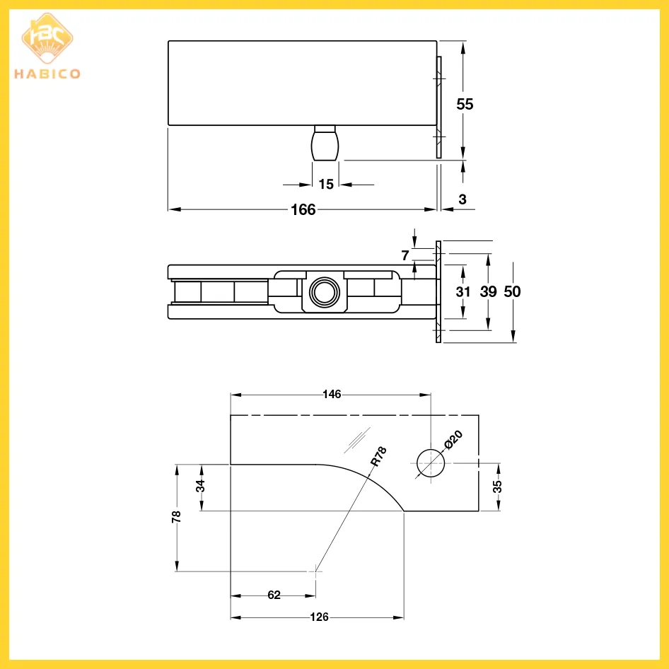Thông số Kẹp Kính Trên Khung Gắn Tường Inox Bóng Hafele 981.00.666