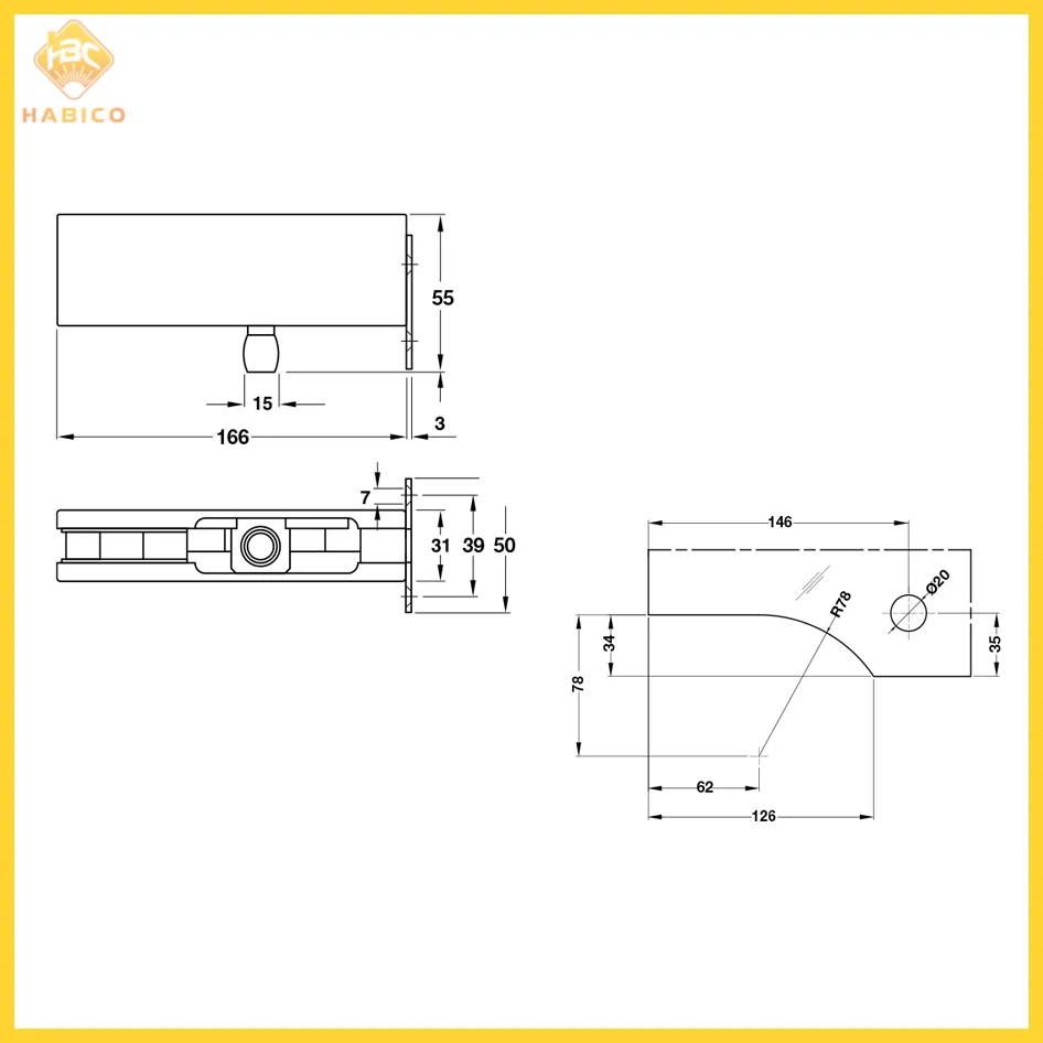 Thông số Kẹp Kính Trên Khung Gắn Tường Inox Mờ Hafele 981.50.050