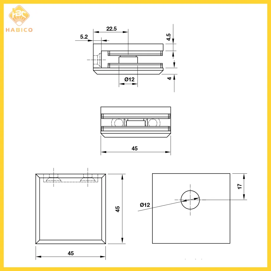 Thông số Kẹp Kính Tường 90º Màu Đen Hafele 981.77.919