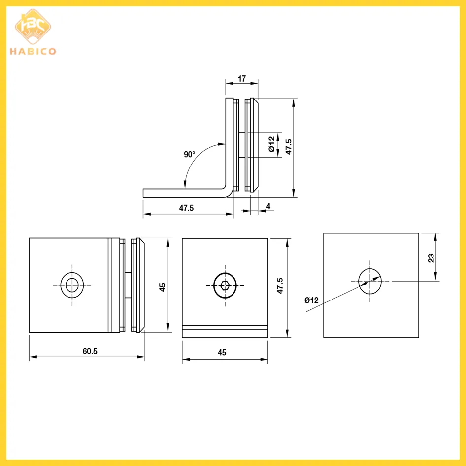 Thông số Kẹp Kính Tường 90º Nhà Tắm Có Đế Hafele 981.77.910