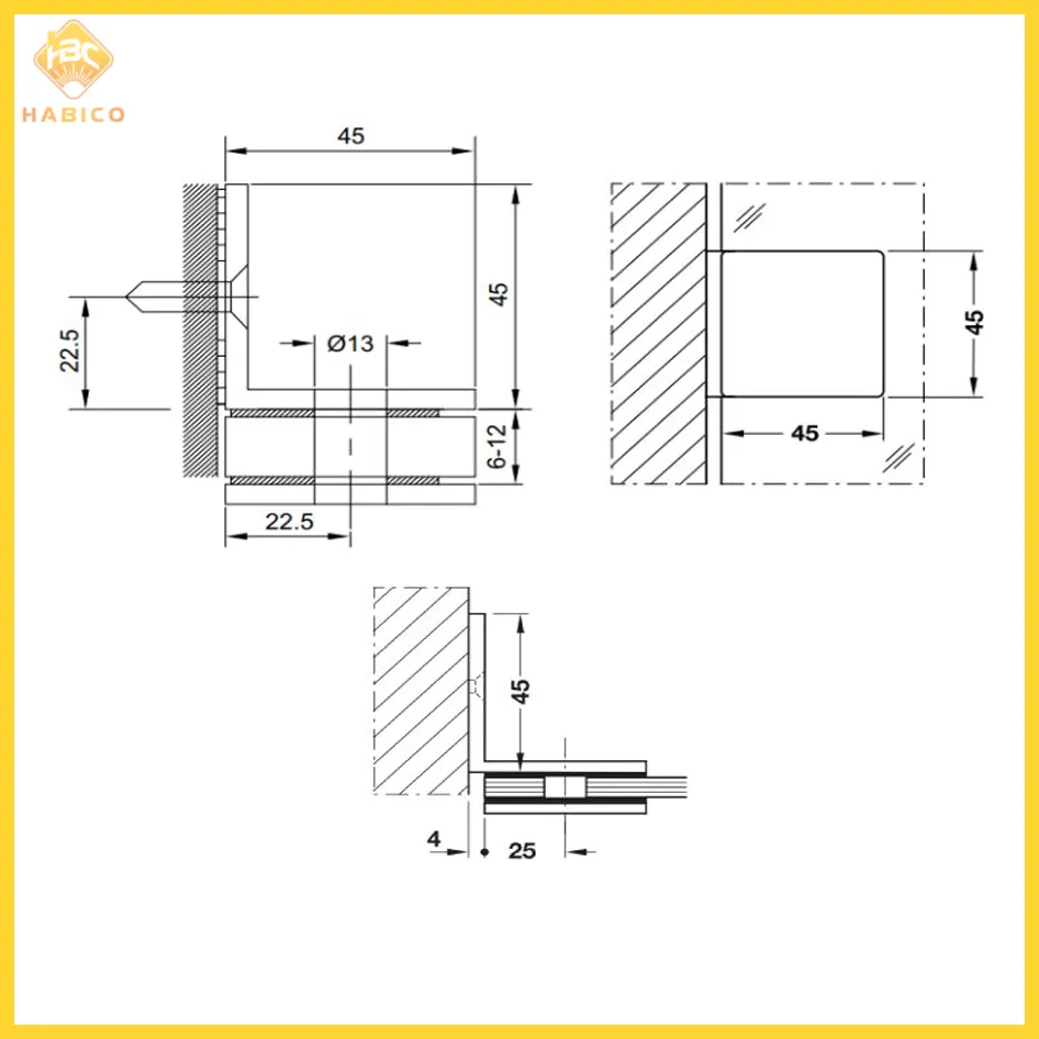 Thông số Kẹp Kính Tường Nhà Tắm 90º Có Đế Hafele 981.00.542