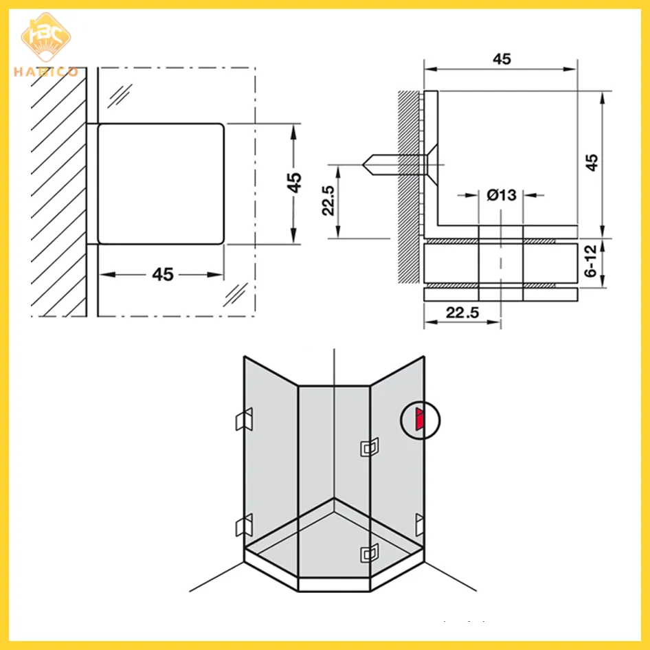 Thông số Kẹp Kính Tường Nhà Tắm 90º Hafele 499.05.817