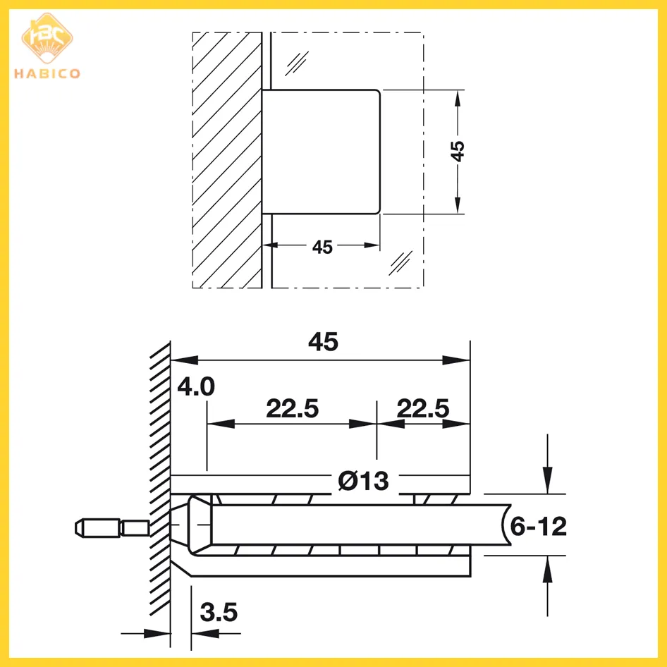 Thông số Kẹp Kính Tường Nhà Tắm 90° Hafele 981.00.562