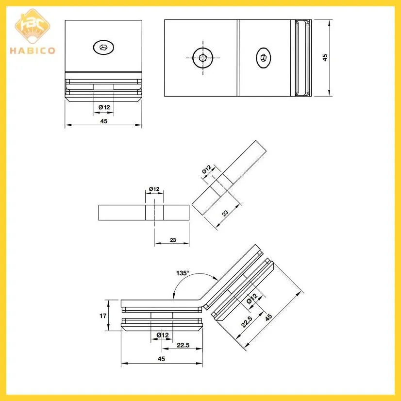 Thông số Kẹp kính – kính 135 độ màu Chrome bóng Hafele 981.77.914
