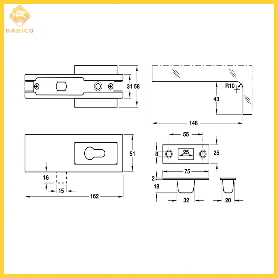 Thông số Khóa Kẹp Chân Kính Với Lỗ Ruột Khóa PC Hafele 981.00.403