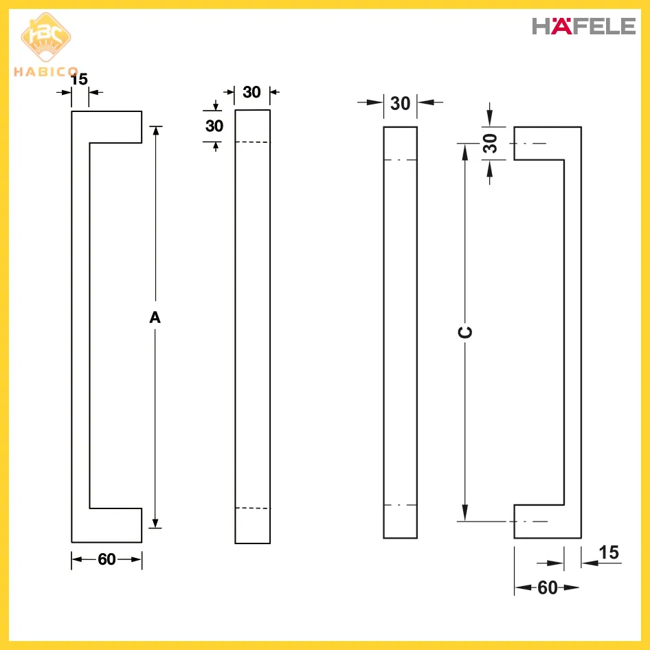 Thông số Tắm Nắm Kéo Dạng Vuông 465mm Hafele 903.00.102