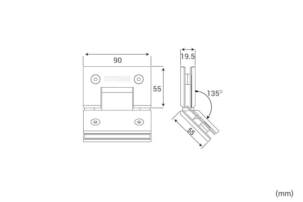 Thông số kỹ thuật Ban lề kính 135 độ Huy Hoàng