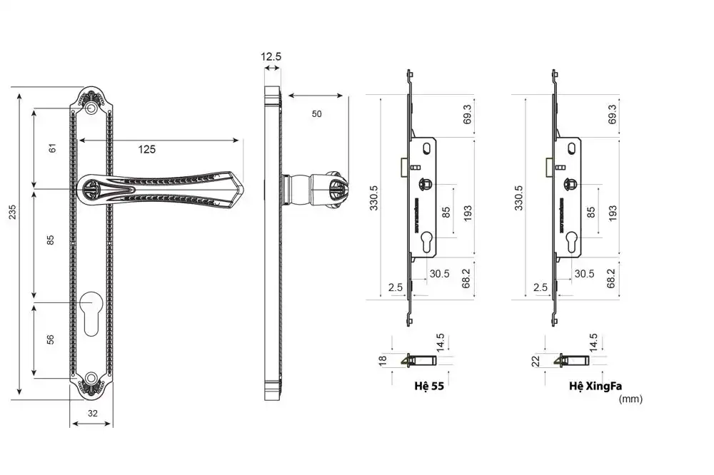 Thông số kỹ thuật Khóa tay nắm đa điểm cửa đi HCX 61